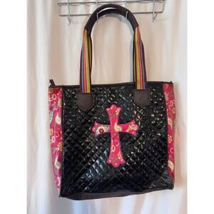 Quilted Black Tote Bag Cross Motif Paisley Trim